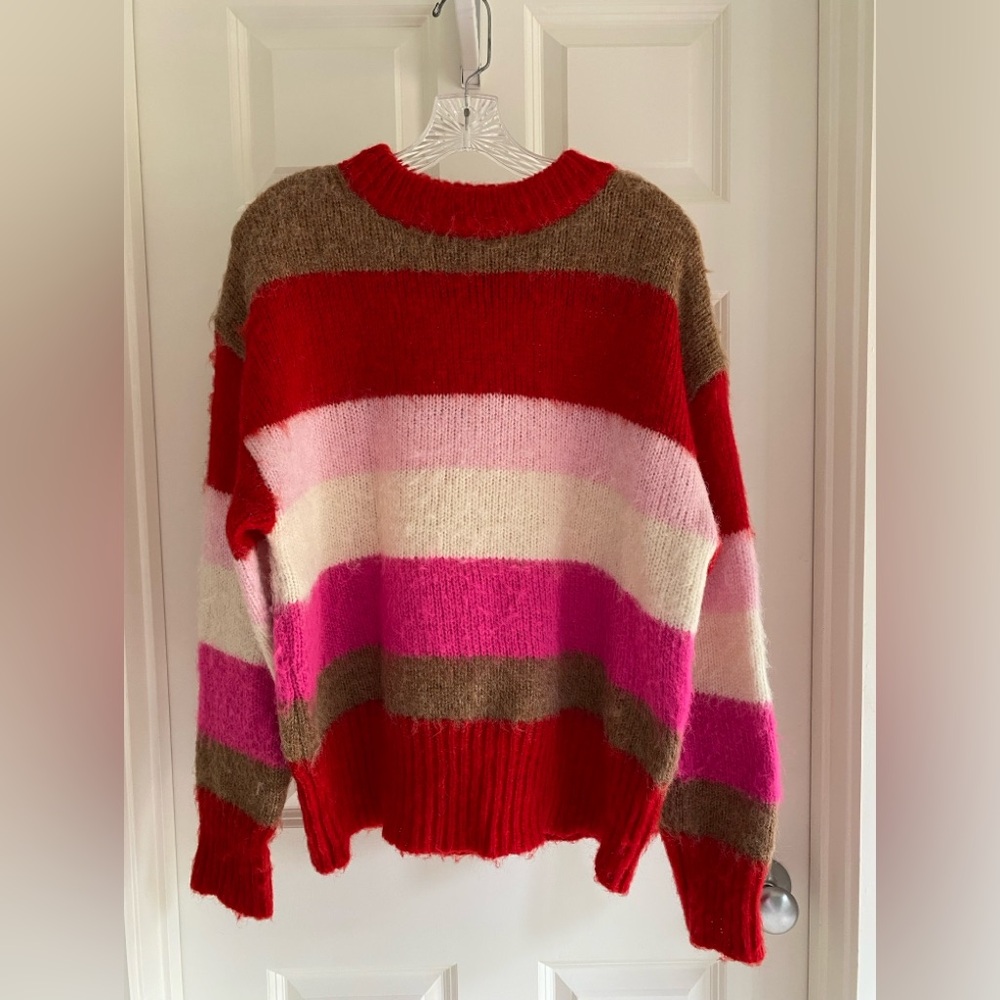 A new day Drop Shoulder Sweater Size L in Pink Red Brown & White Stripes, Soft